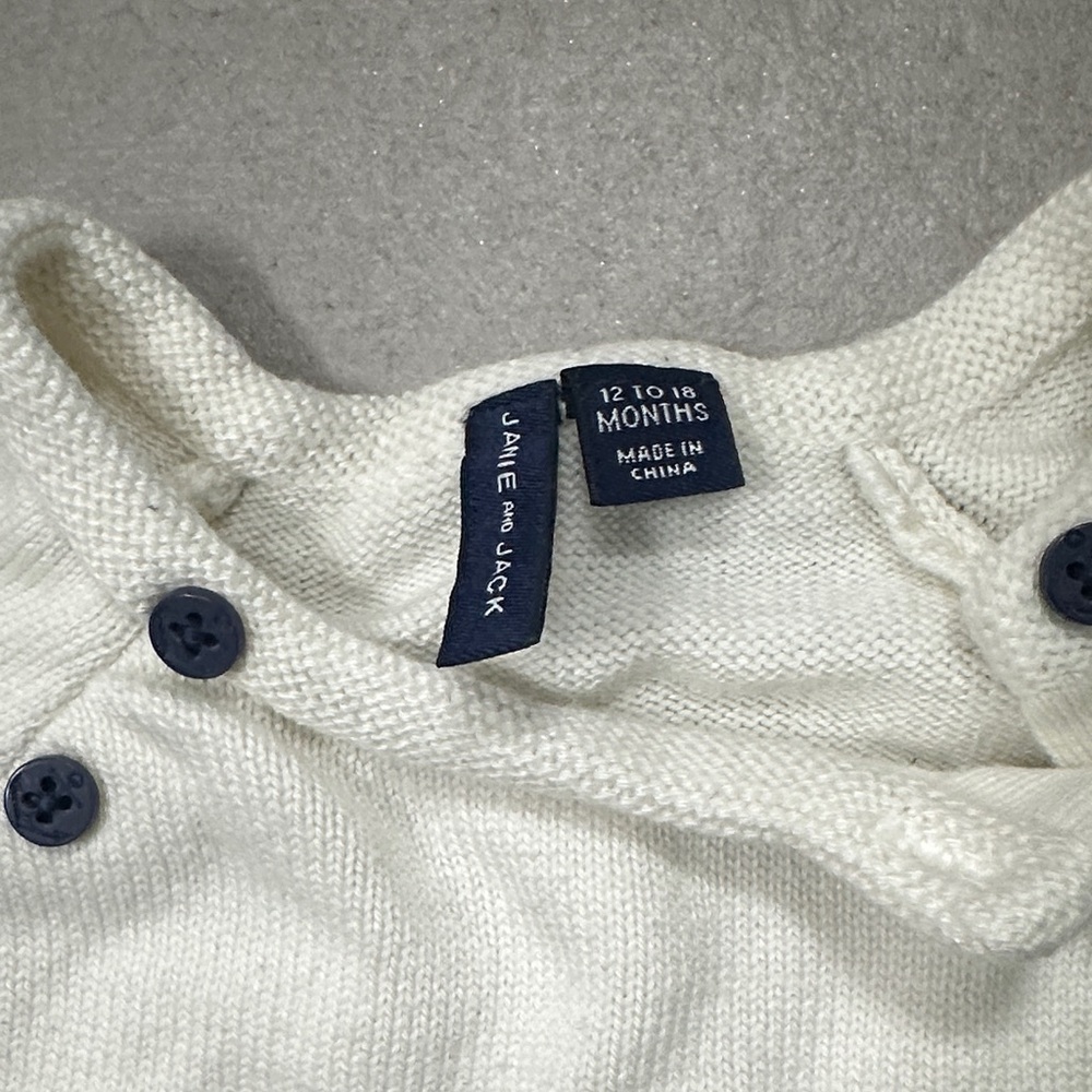 Janie and Jack White Striped Knit Romper with Navy Buttons - Picture 2 of 16